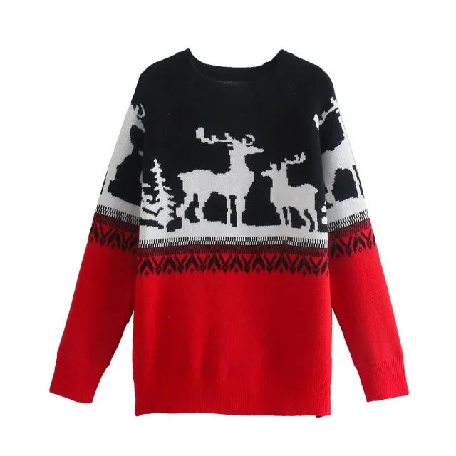 Round Neck Wide Jacquard Long Sleeve Sweater Women Red 3 Style - Shop at LoveMi