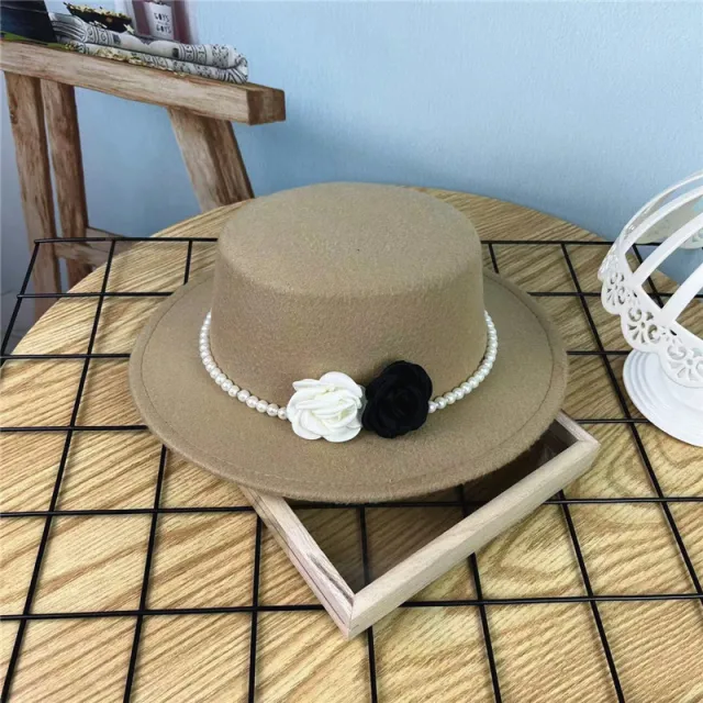 Vintage Top Hat Female Pearl Chain Flower Woolen Flat Hat Camel - Shop at LoveMi