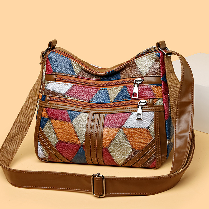 Womens Fashionable Multi-Layer Crossbody Bag With Color-Block Patchwork