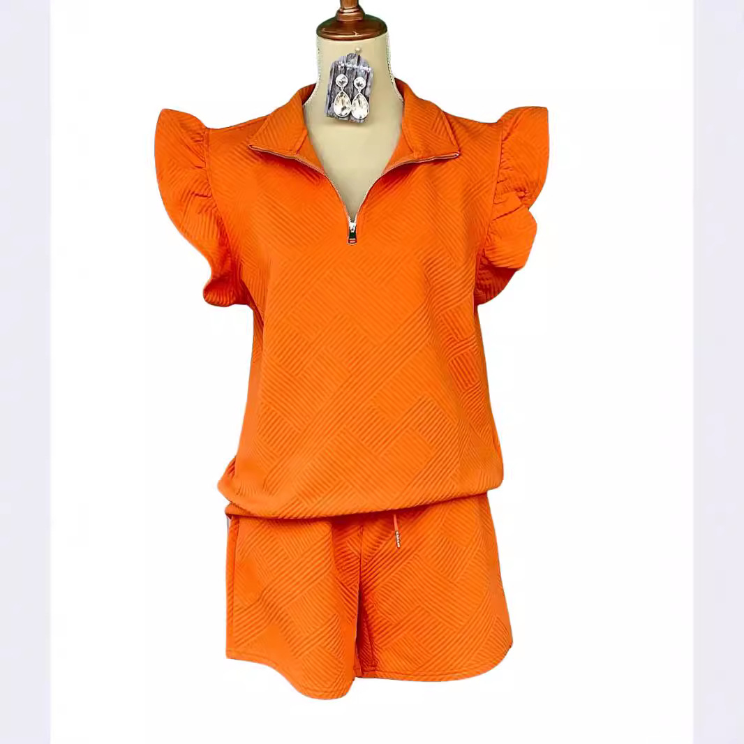 Women's Flounced Sleeve Half Zip Short Sleeve Top Pocket Shorts