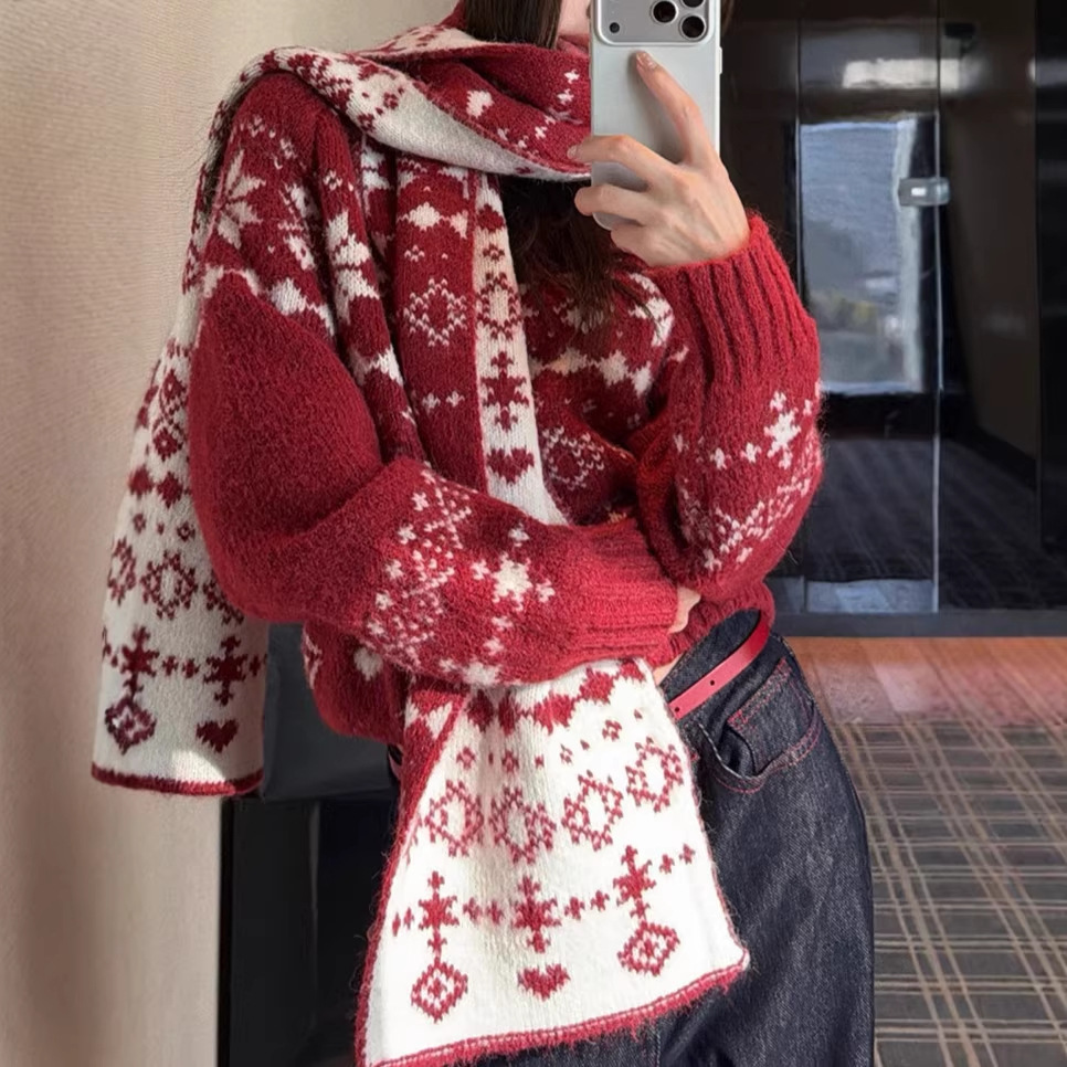 Cowl-neck Fair Isle Soft Cozy Sweater For Women Winter Laid-back Loose-fit Warm Pullover Knit Top