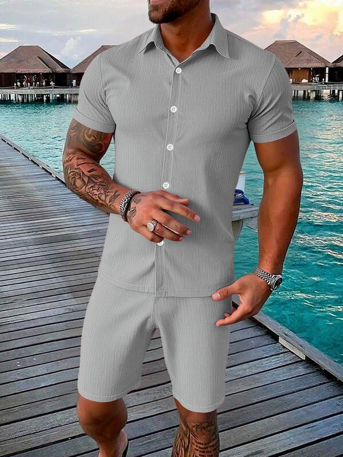 Men's Casual Button-up Short-sleeve Top And Shorts Two-piece Set - Image 7