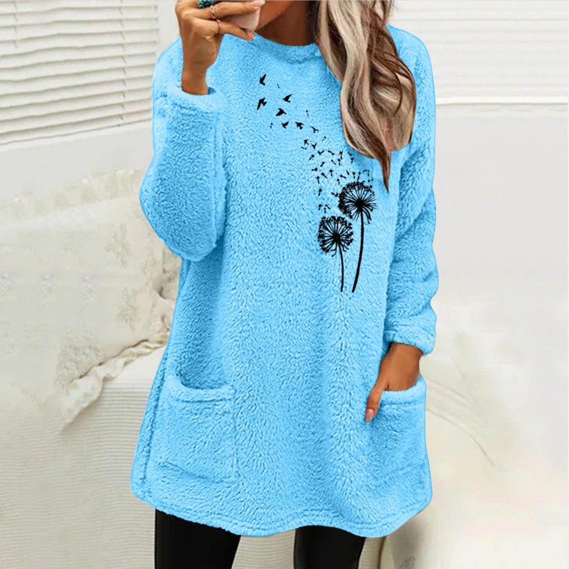 Women's Fashion Round Neck Pullover Long Sleeve Pocket Double-sided Velvet Sweatshirt
