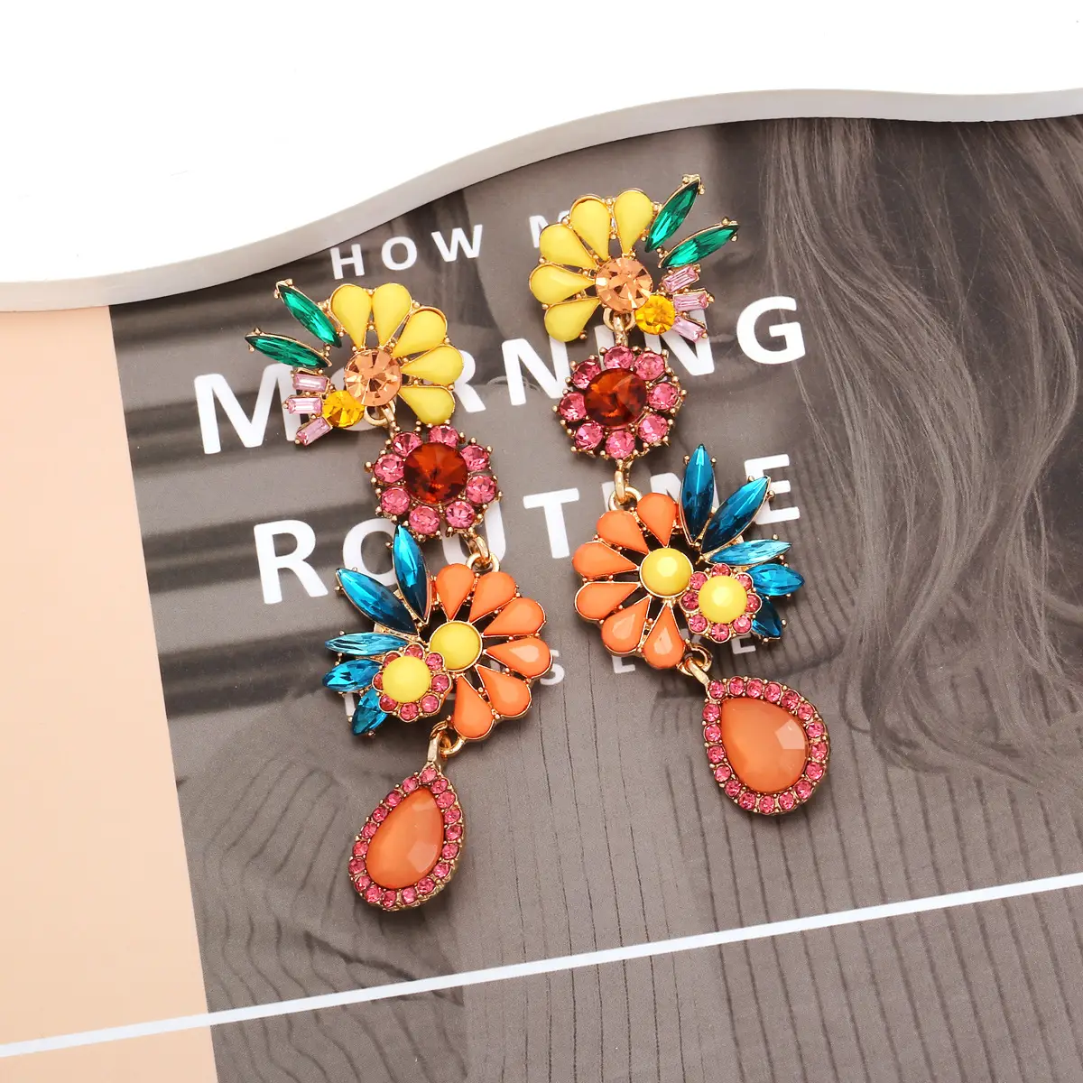Personalized Alloy Diamond Vintage Flower Colorful Crystals Flower Earrings