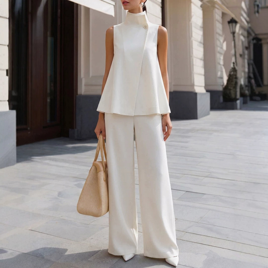 Womens Stand-collar Sleeveless Top And Elastic-waist Wide-leg Pants