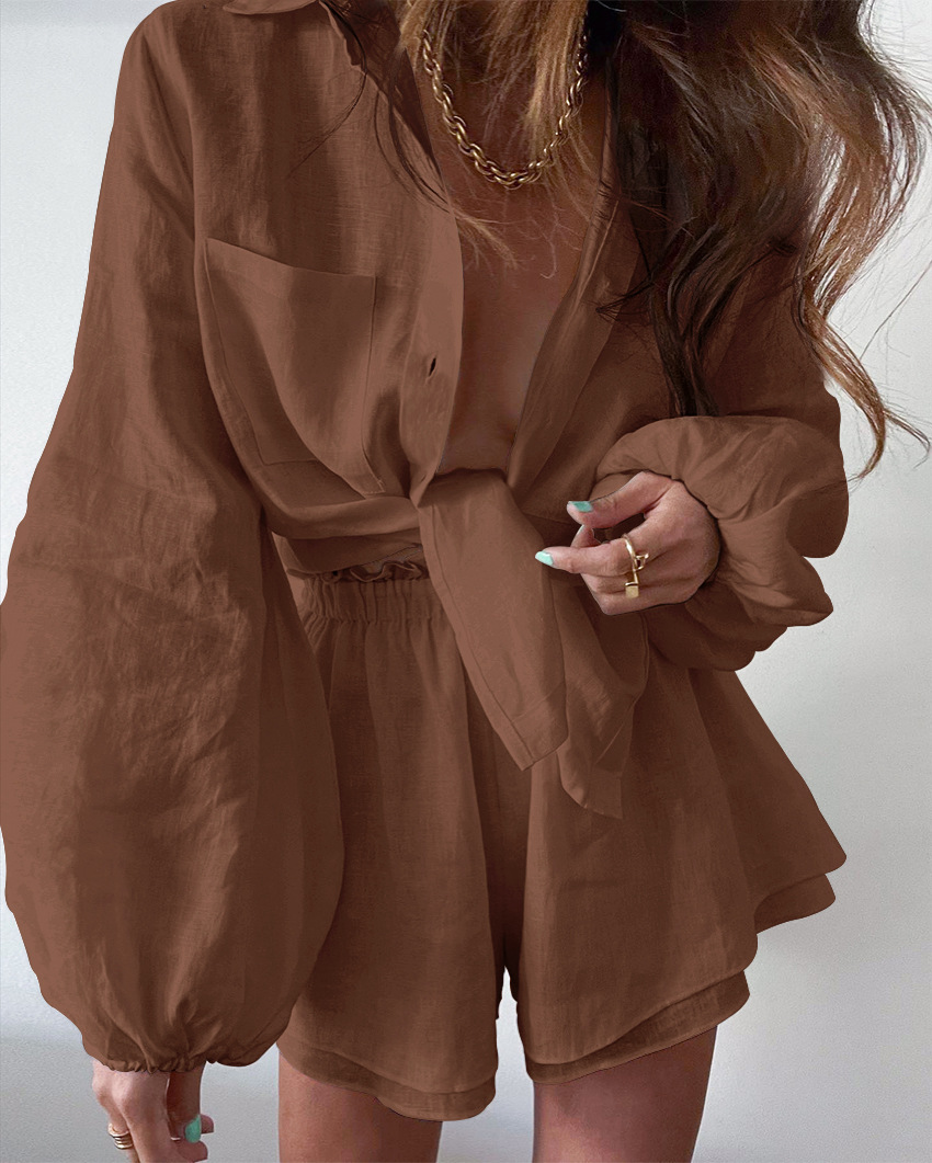 European And American Cotton And Linen White Suit Women's Spring And Summer Long Sleeves Shorts Two-piece Set