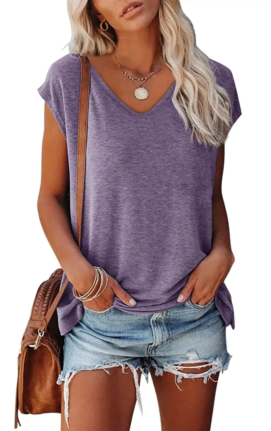 Women's Cap Sleeve V-neck Solid Colour Casual Loose-fitting T-shirt - Purple