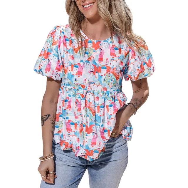 Women's Cute Anti aging Fashion Contrast Color Stitching Round Neck Short sleeved Shirt Blue - Shop at LoveMi