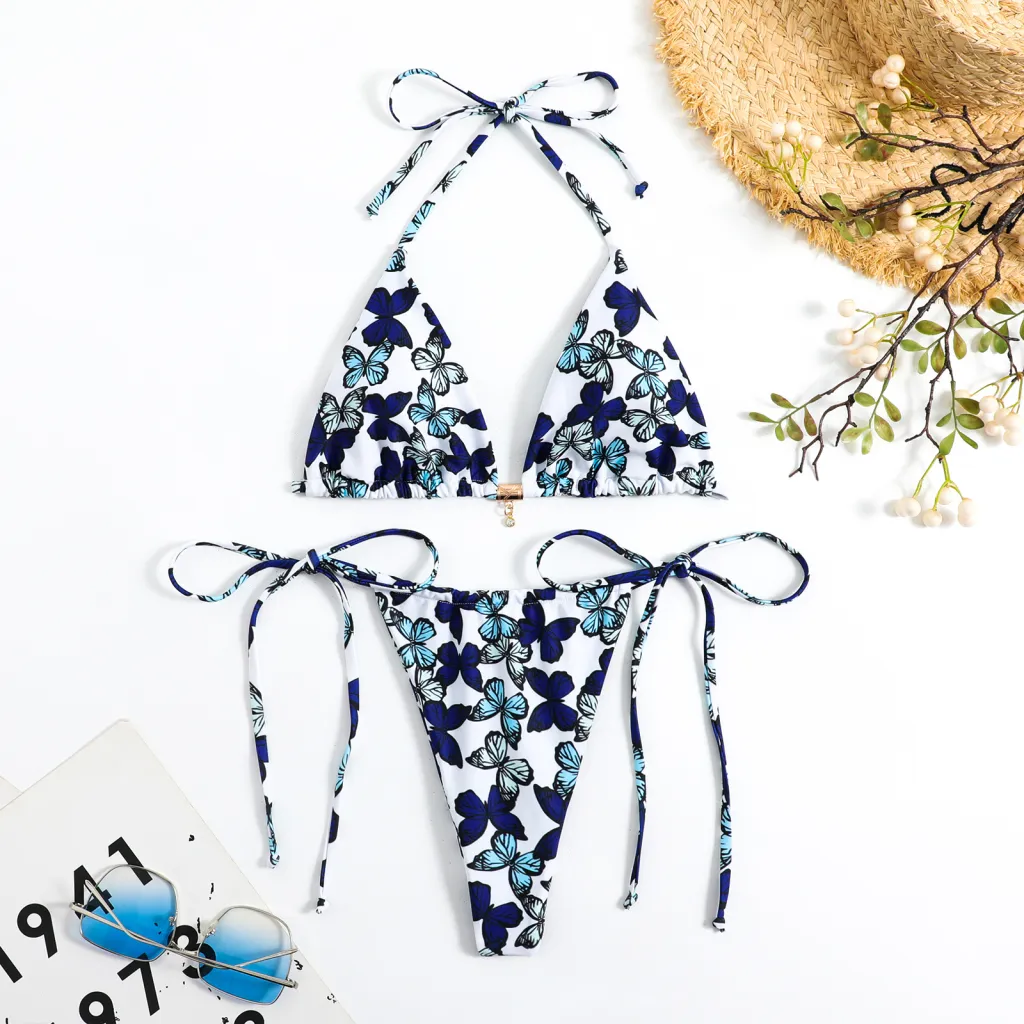 European And American New Tie-dye Lace-up Bikini - Blue