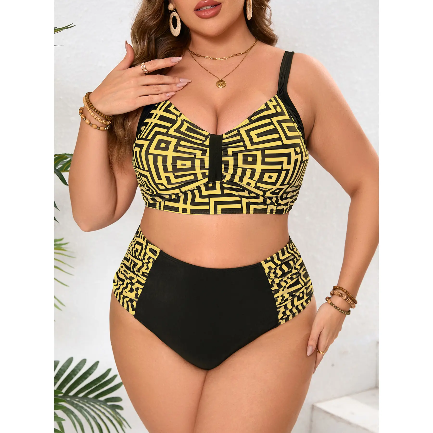 Bikini High Waist Stitching Fashion Plaid Swimsuit