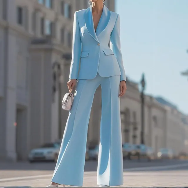 Solid Color Temperament Long Sleeve Suit Straight Trousers Business Suit Blue - Shop at LoveMi
