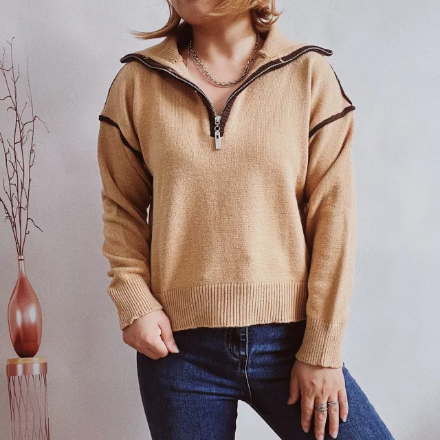 Casual Knitted Zipper And Lapel Contrast Color Long Sleeves Women's Brown - Shop at LoveMi