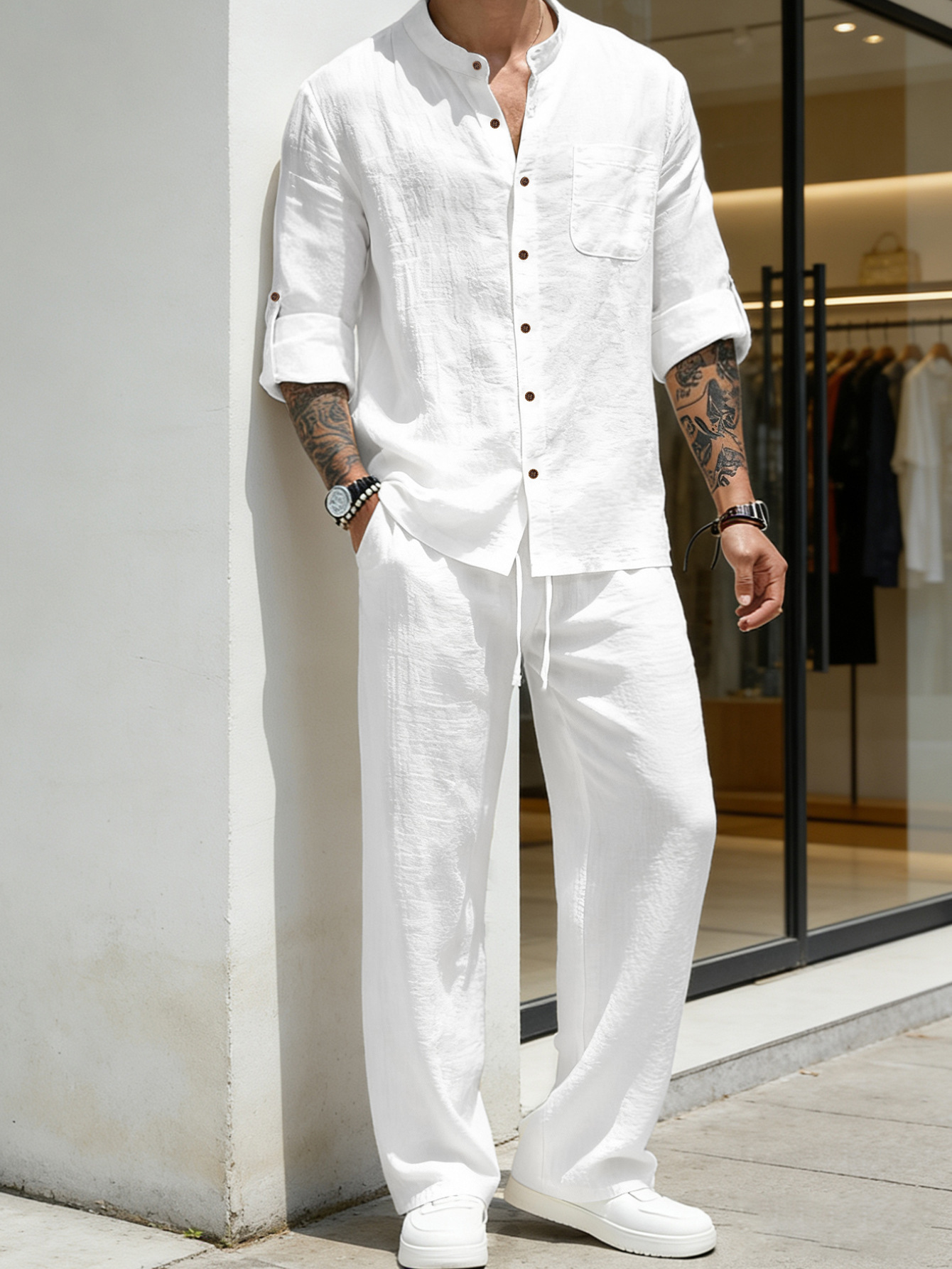 Mens Solid-Color Linen Long-Sleeve Shirt And Pants Two-Piece Set 6