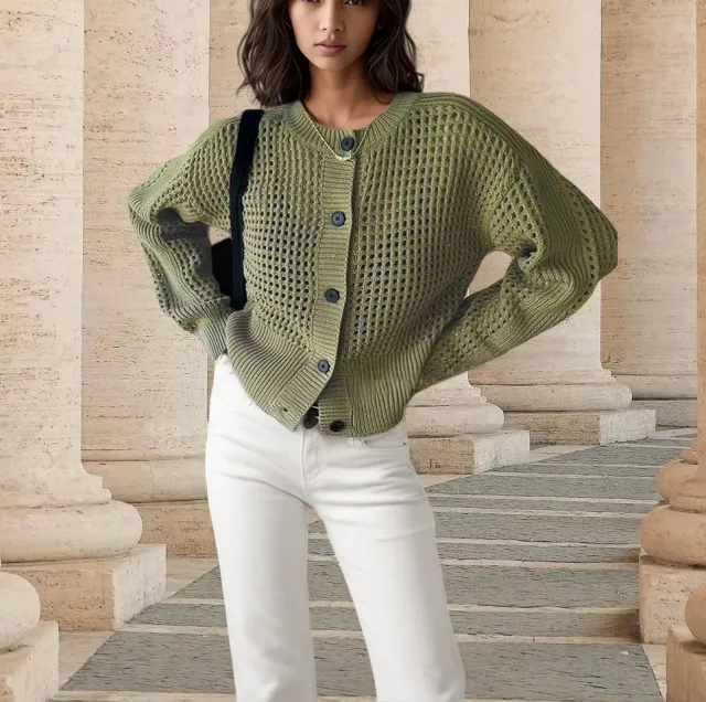 High grade Round Neck Hollow out Knitted Cardigan Design Sweater Green - Shop at LoveMi