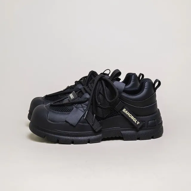 Super Hot Mech Style Authentic Leather Clunky Sneakers Black - Shop at LoveMi