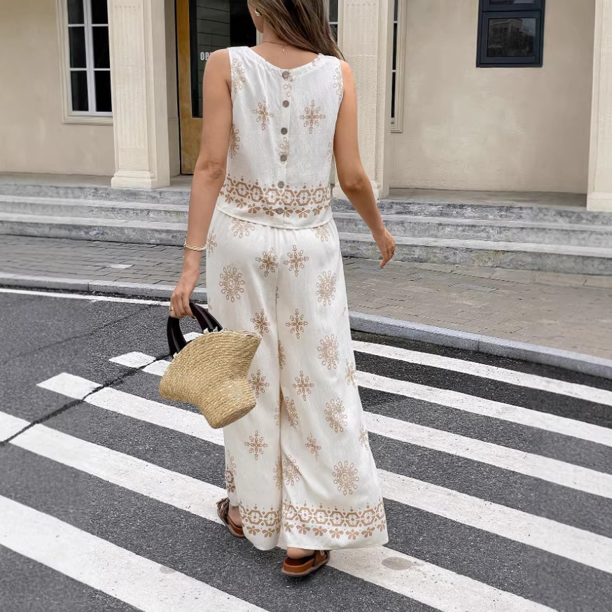 Printed Crew-Neck Sleeveless Tank Top And Pants Two-Piece Set