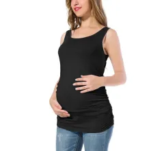 Casual Solid Colour Round Neck Wrinkle Maternity Top Vest T-shirt - Black - View 1
