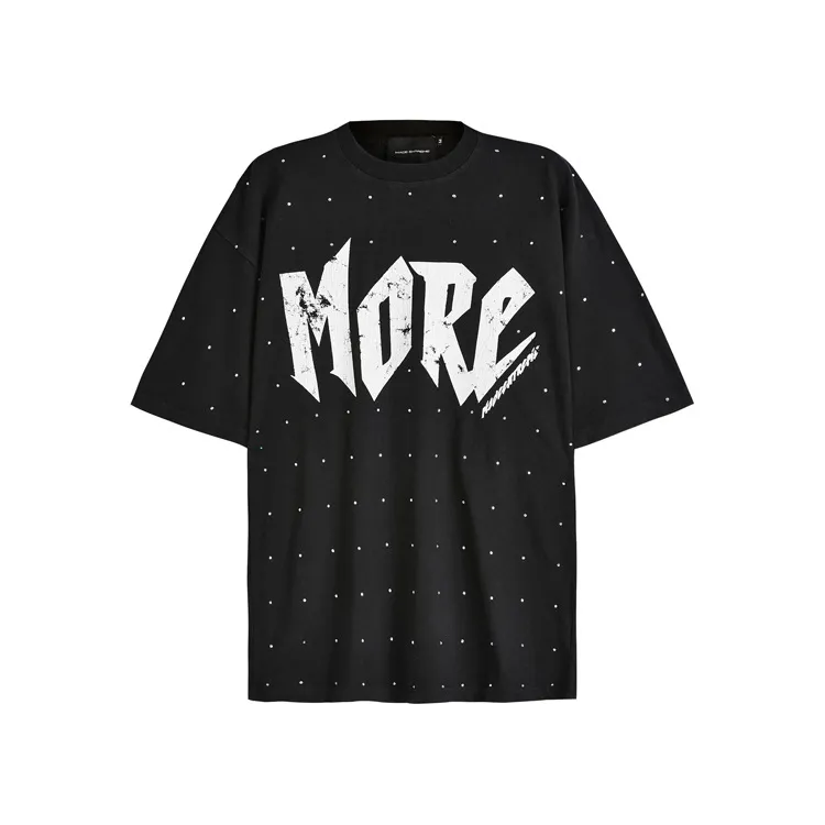 Street Rhinestone Letter Print, Round Neck Casual Short Sleeve T-shirt - Black