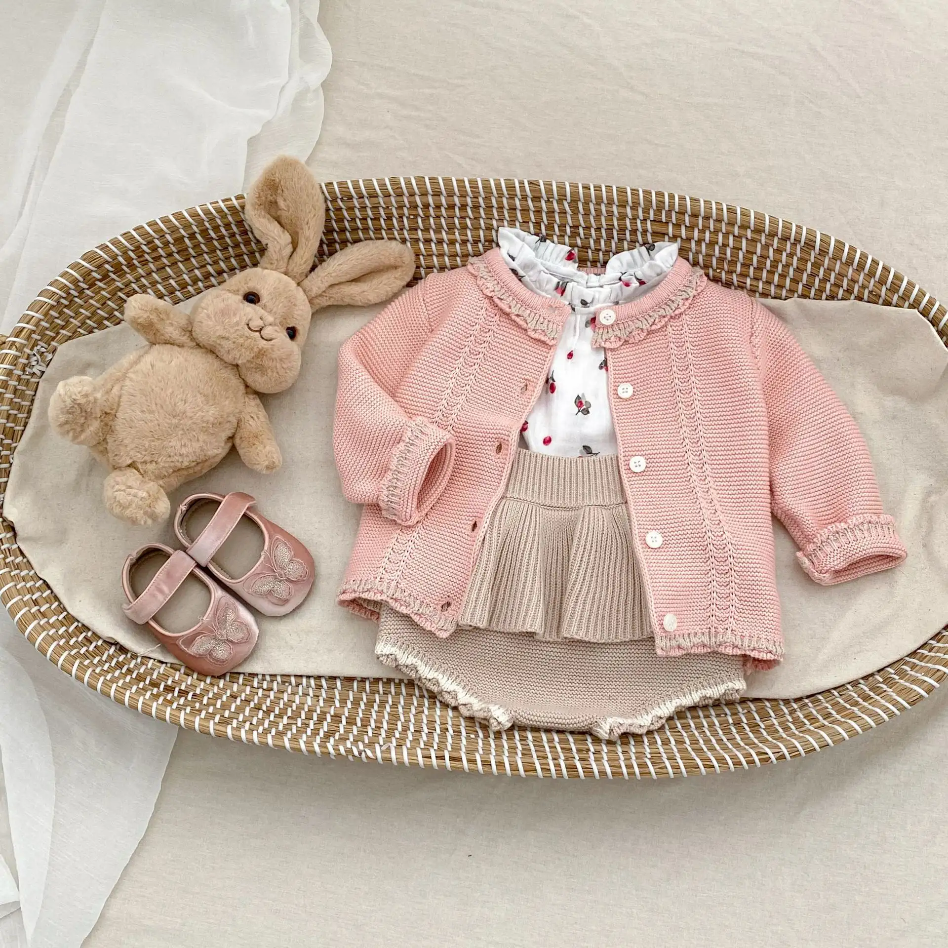 Spring Baby Girl Knitting Suit Contrast Color Cardigan Suspender Skirt Pants Two Pieces