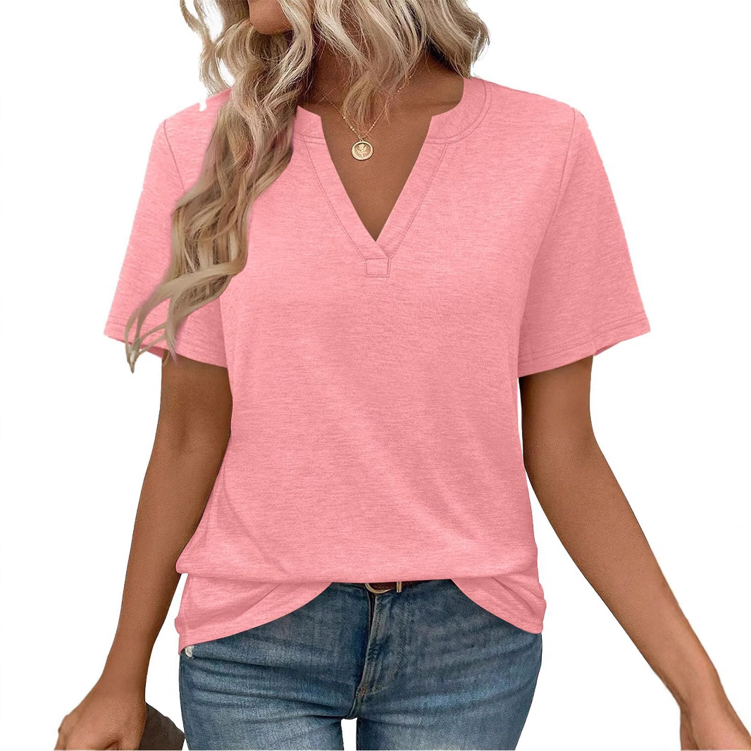 Womens T-shirt With V-neck Loose-fit Casual Solid-color Top