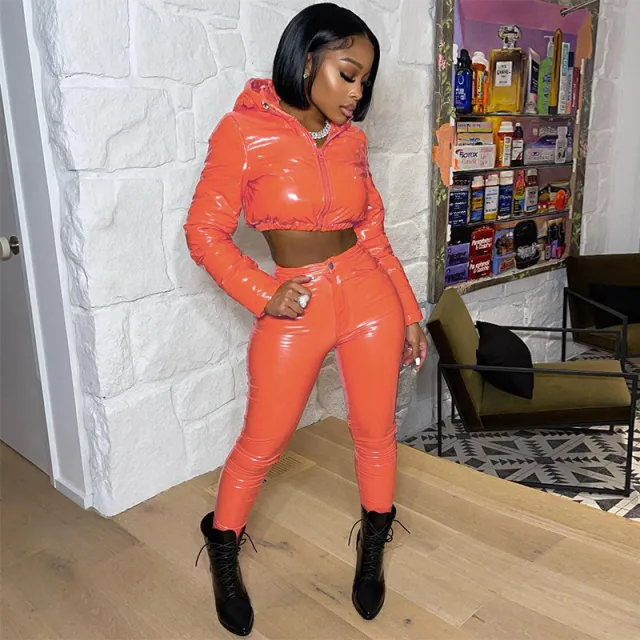 European And American Hooded Cropped Thickened Coat Hip Lifting Low Waist Casual Pants Glossy PU Suit Orange Suit - Shop at LoveMi