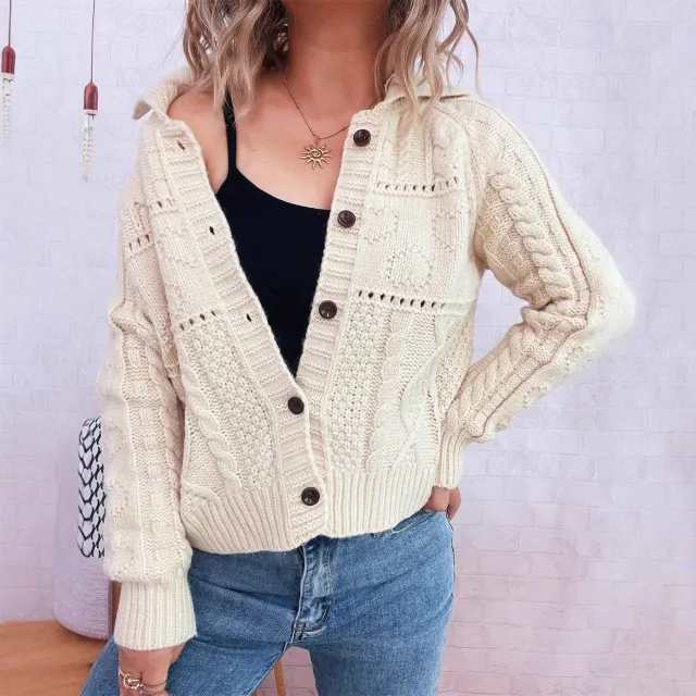Commuter Hollow Lapel Retro Twist Sweater Apricot - Shop at LoveMi