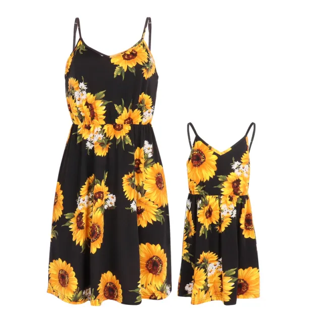 Parent child Wear Leisure Vacation Waist Trimming Loose Printing Mid length Dress Black - Shop at LoveMi