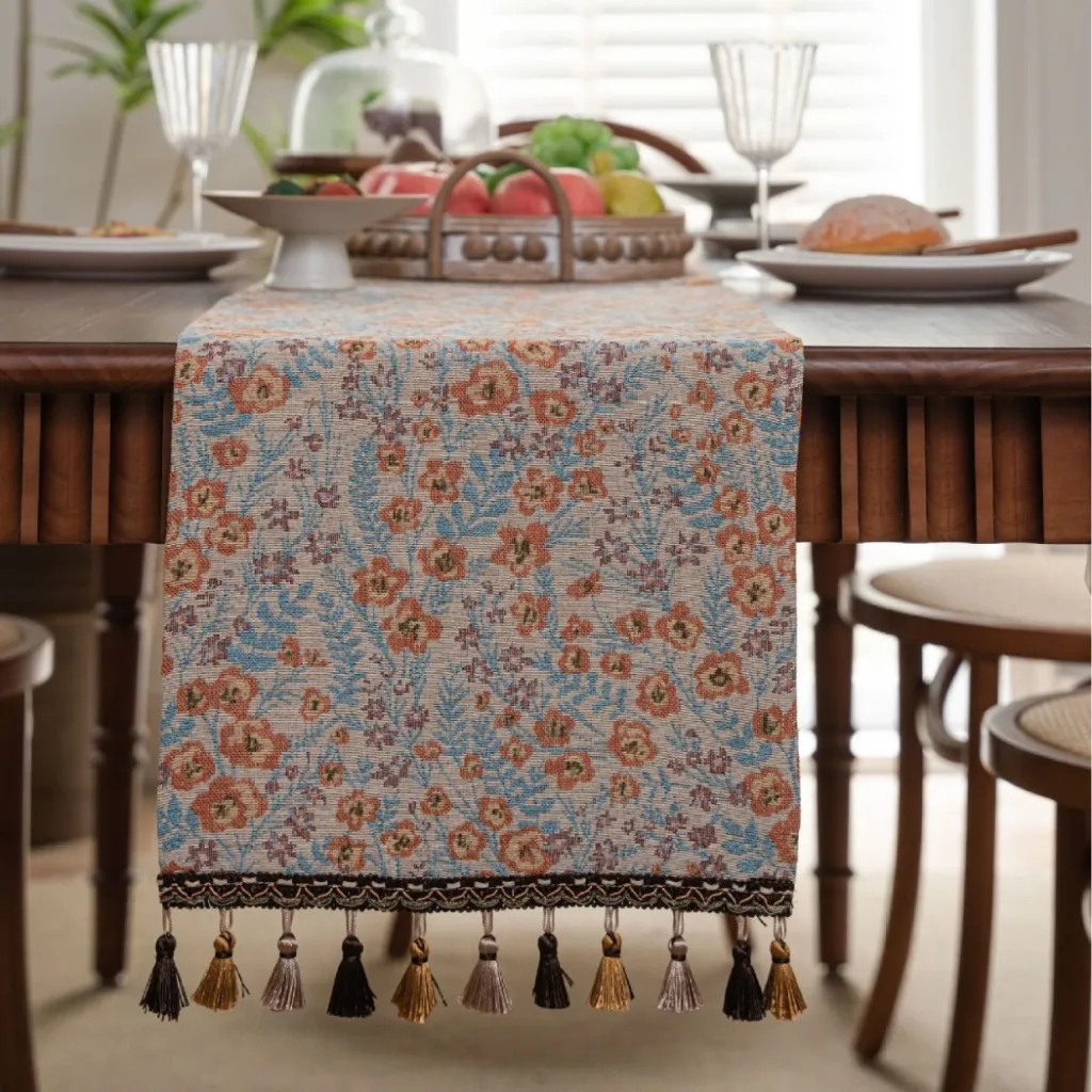 American-style Long Tassel Table Runner Beige Jacquard Wedding Decoration - Jacquard Orange
