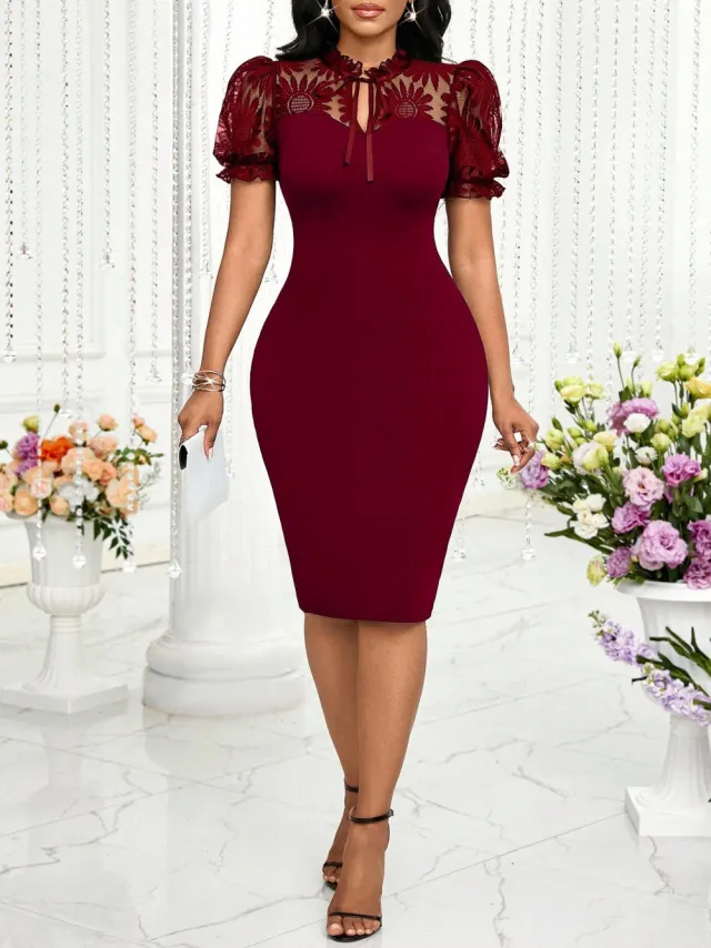 Women's Solid Color Lace Slimming A line Dress Dark Red - Shop at LoveMi