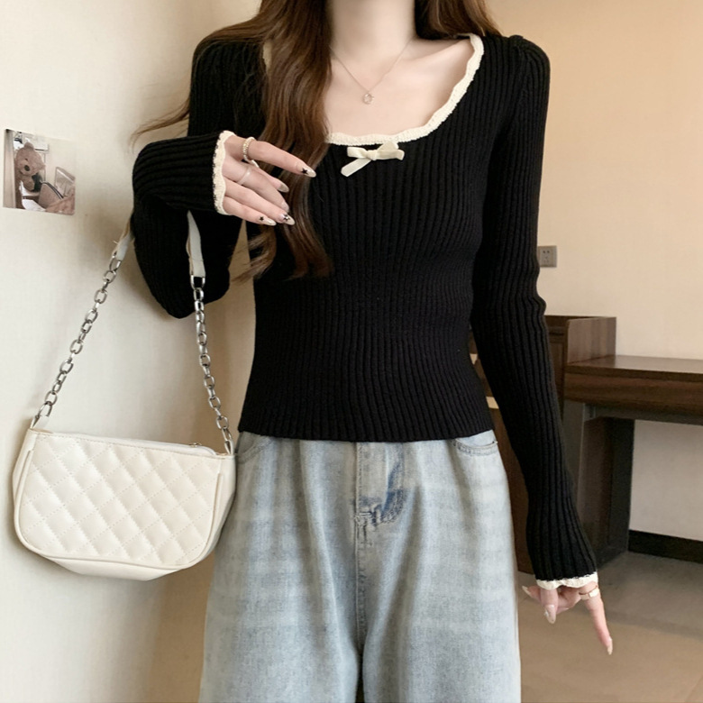Women's Bow Square Collar Lace Knitted Bottoming Shirt Top