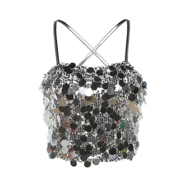 Sequined Sexy Halter Lace Up Slim Fit Backless Short Vest Silver - Shop at LoveMi