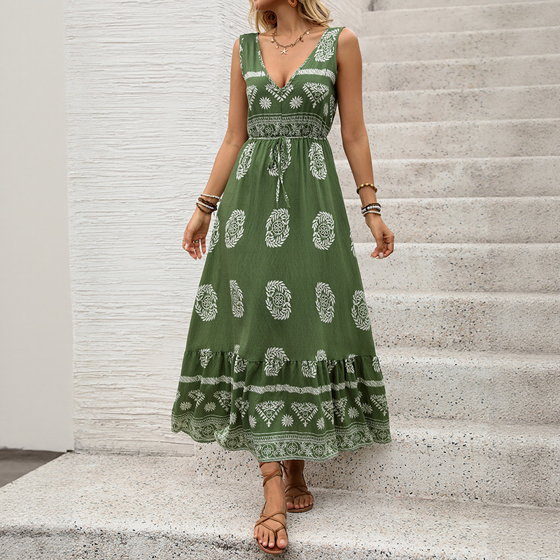 New Holiday Printed Green Ethnic Style Casual V-neck High Waist Dress For Women