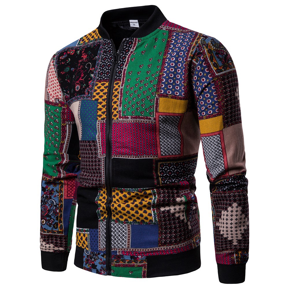 Spring And Autumn New Men's Ethnic Floral Jacket Fashion Slim-fit Baseball Uniform Coat