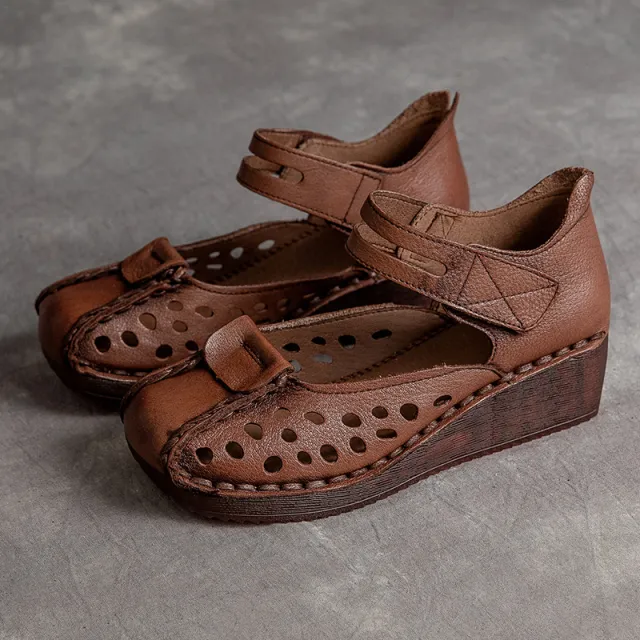 Slope Heel Comfortable Top Layer Cowhide Women's Shoes With Hollowed Out Toe Caps Brown - Shop at LoveMi
