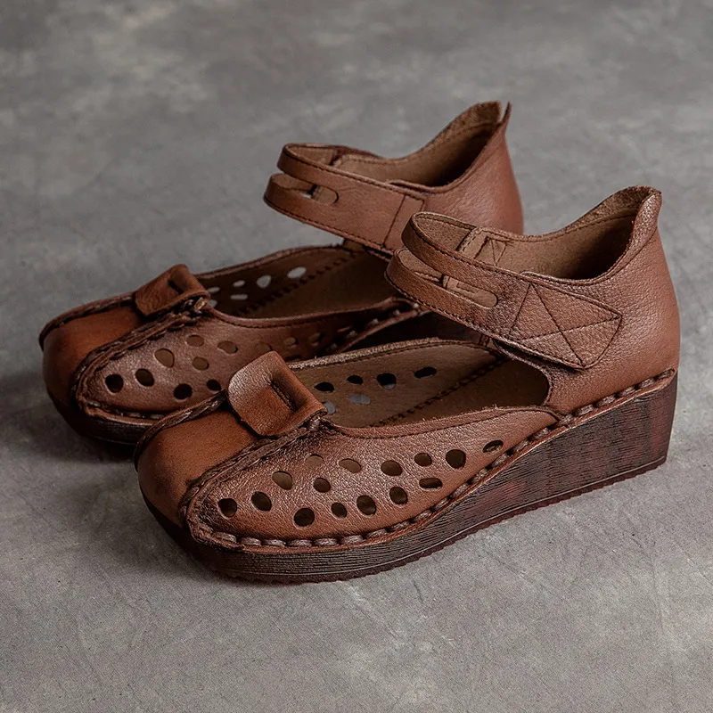 Slope Heel Comfortable Top Layer Cowhide Women's Shoes With Hollowed Out Toe Caps - Brown