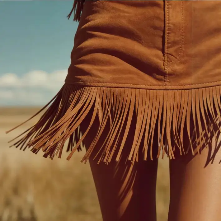 Western Retro Bohemian Style Caramel-Colored Faux Suede Fringe Skirt