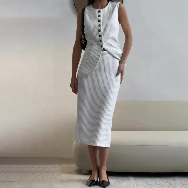 Women's Round neck Striped Single breasted Vest Top High Waist A Line Skirt Suit White - Shop at LoveMi