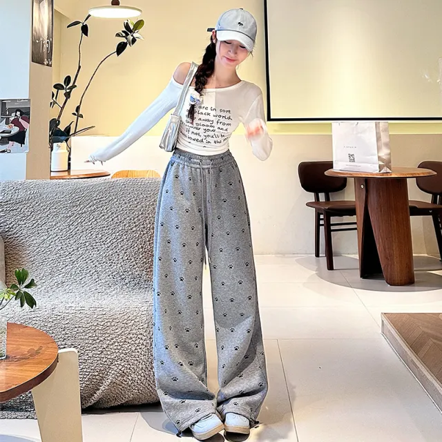 High Street American Style Floral Dog Paw Print Casual Pants For Women Gray - Shop at LoveMi