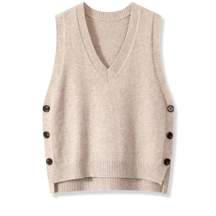 European And American Retro V-neck Knitted Vest Women's Spring Autumn Outerwear - Apricot