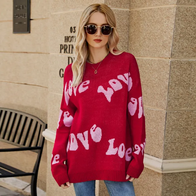 Women's Simple Letter Jacquard Oversized Pullover Red - Shop at LoveMi