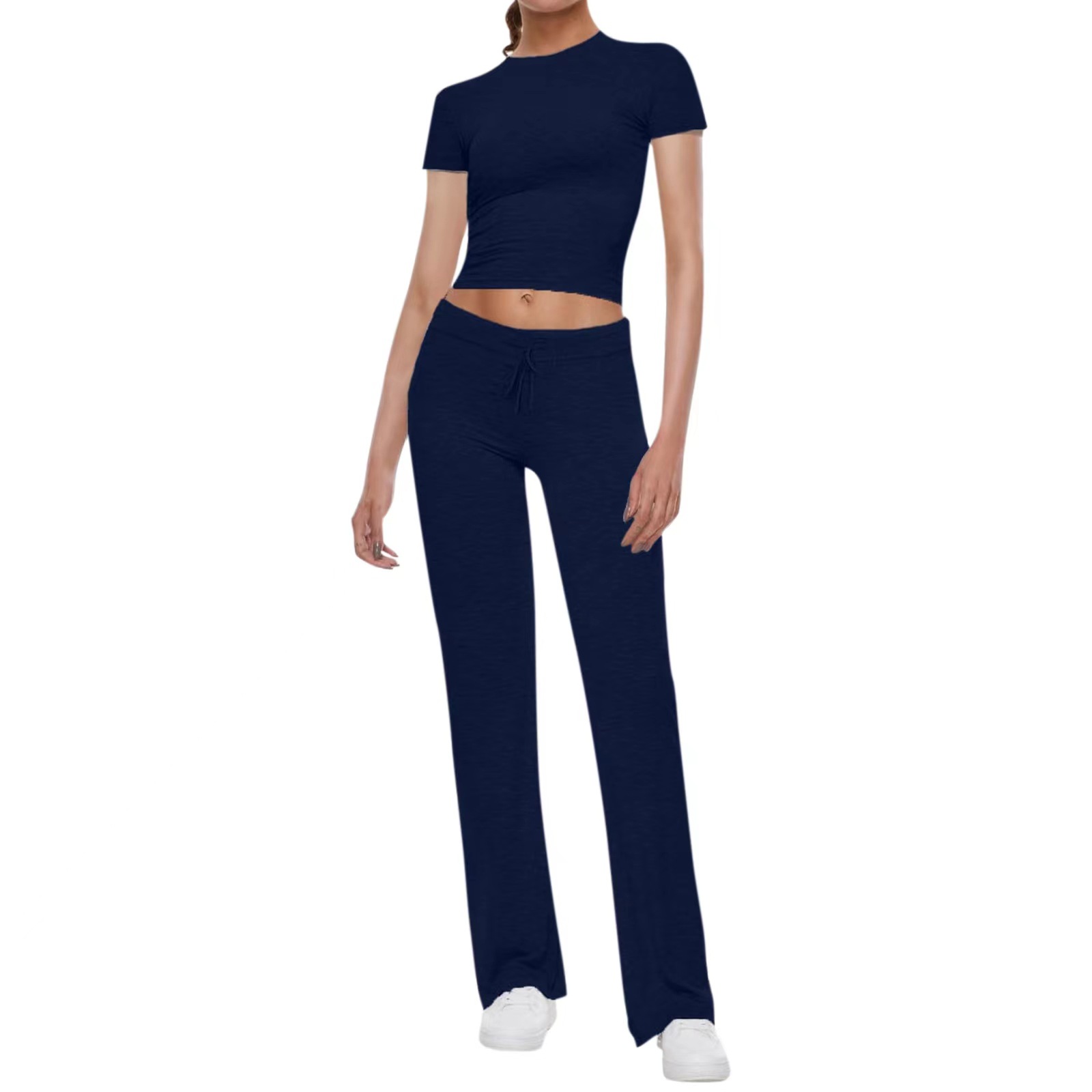 American Basic Casual Solid Color T shirt Casual Pants Suit Navy - Shop at LoveMi