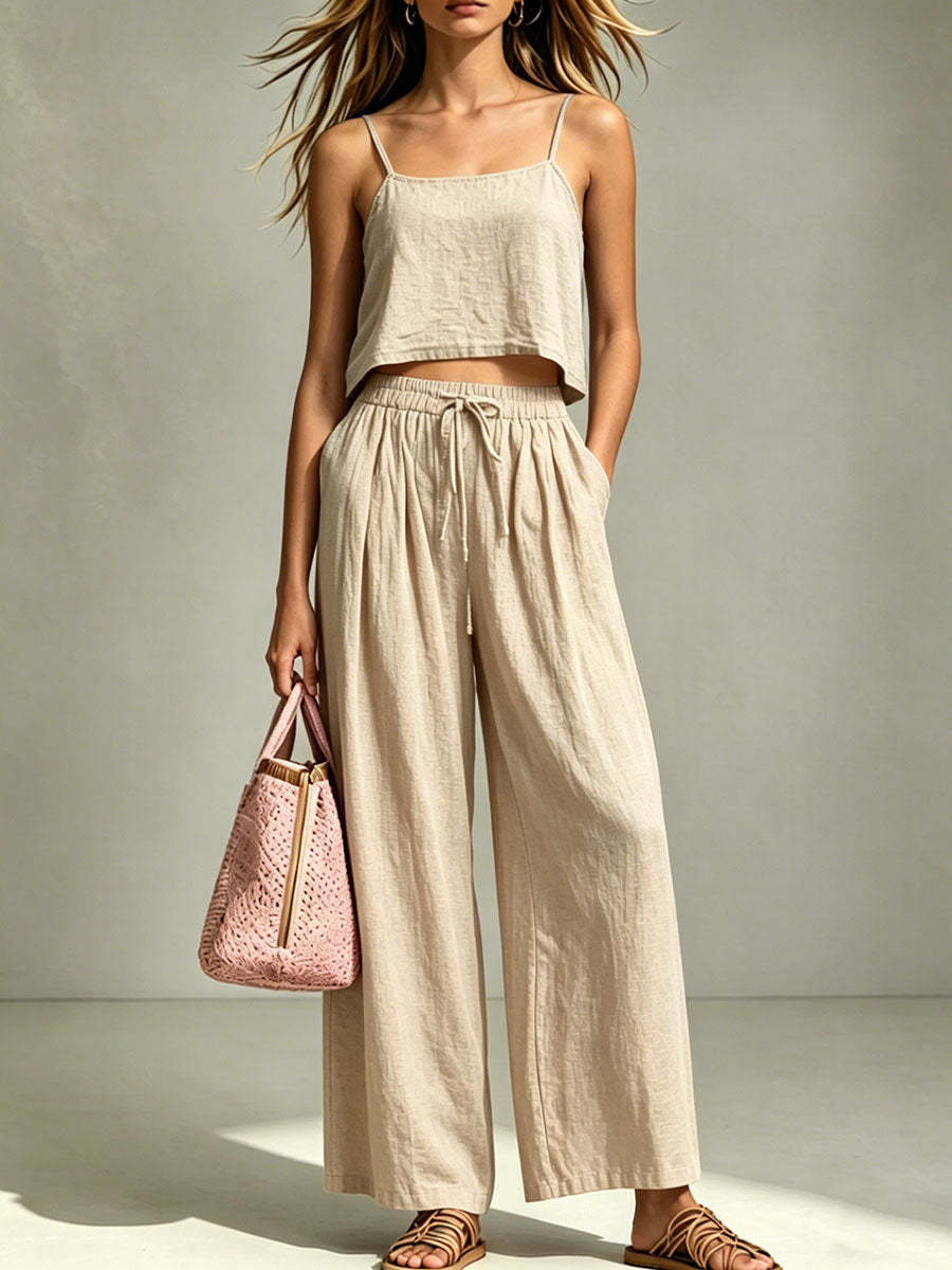 Women's camisole and wide-leg pants two-piece set in apricot – front view