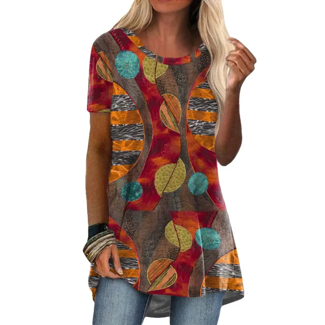 Crew Neck Casual Ethnic Style Vintage Print Short Sleeves T shirt T3 Vintage Colorblock S - Shop at LoveMi