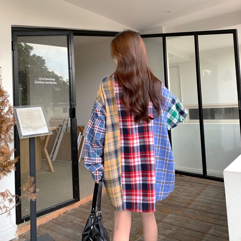 Women's Retro Hong Kong Style Plaid Stitching Shirt Top