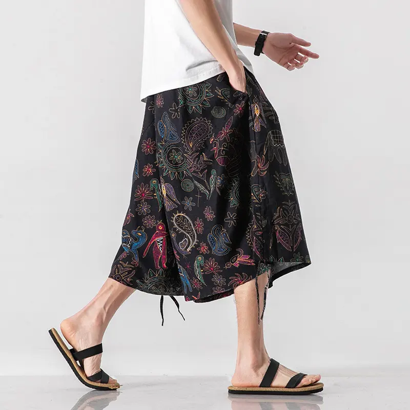 Men's Loose-fitting Chinese Style Elephant Flower Cropped Large Trunks