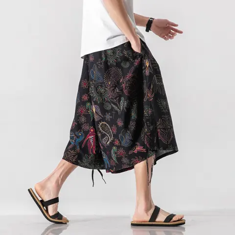 Men's Loose-fitting Chinese Style Elephant Flower Cropped Large Trunks