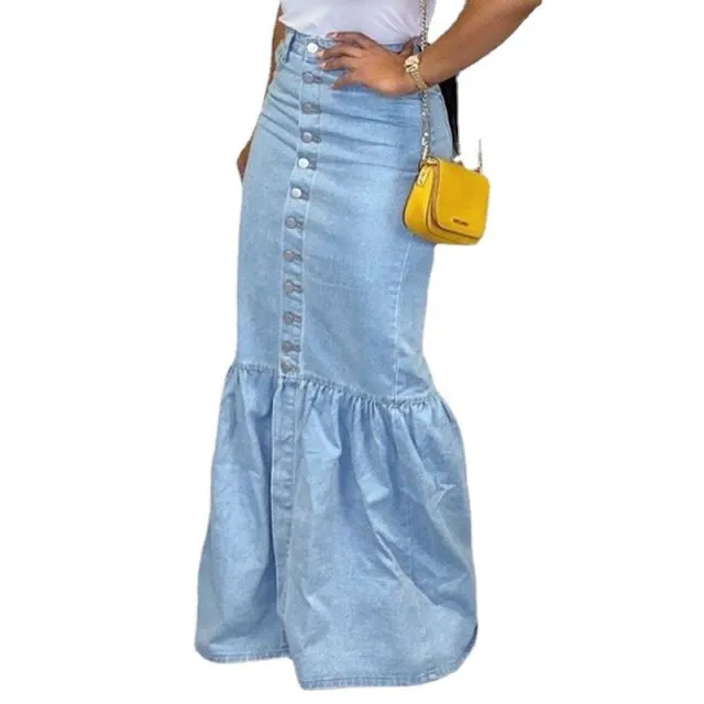 Women's Slim fit Peplum Patchwork Denim Skirt Light Blue - Shop at LoveMi