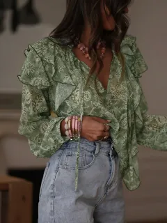 Womens Floral Print V-Neck Long-Sleeve Patchwork Ruffle-Trim Loose Shirt - Green - View 1
