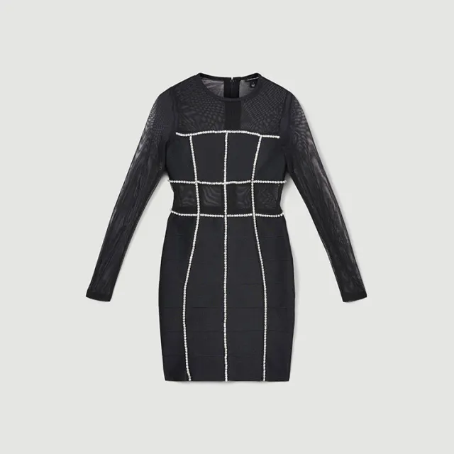 Long Sleeve Mesh Chain Diamond Round Neck See through Dress Black - Shop at LoveMi
