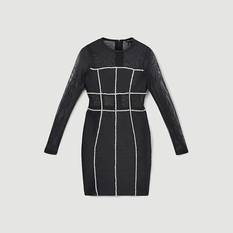 Long Sleeve Mesh Chain Diamond Round Neck See-through Dress - Black